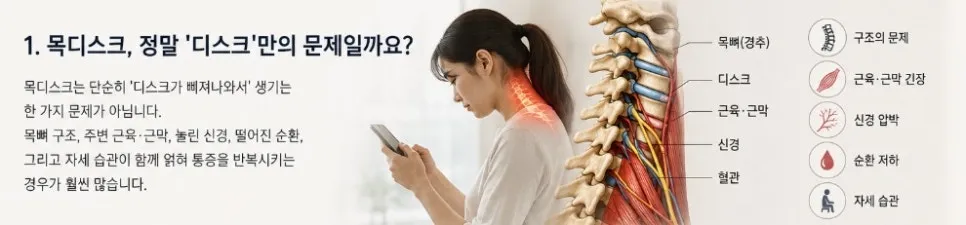 목디스크가 반복되는 이유 — 목뼈만이 아니라 근육·신경·자세를 함께 봐야 합니다